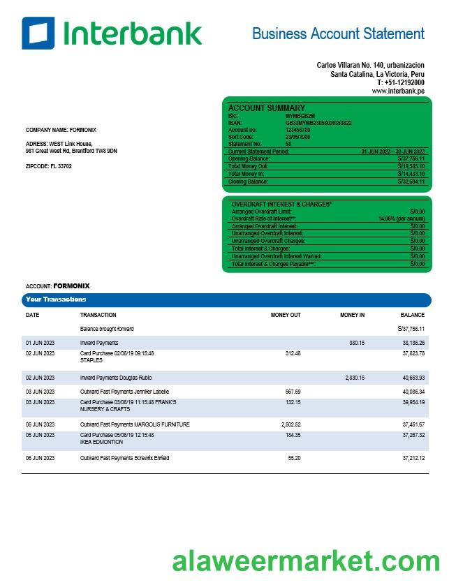 Interbank organization account statement Word and PDF template